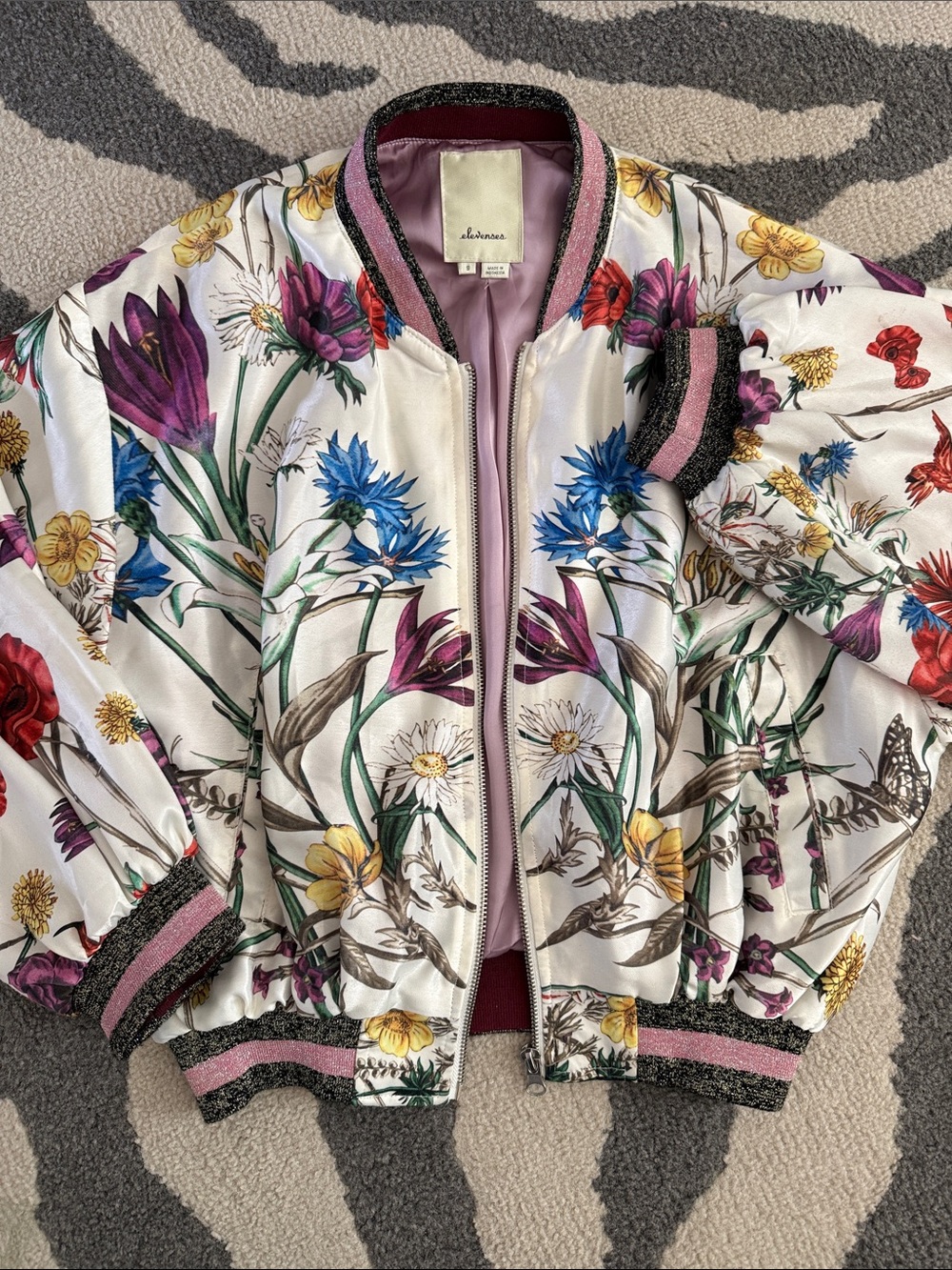 elevenses White Floral Satin Bomber Jacket with Pink & Black Trim